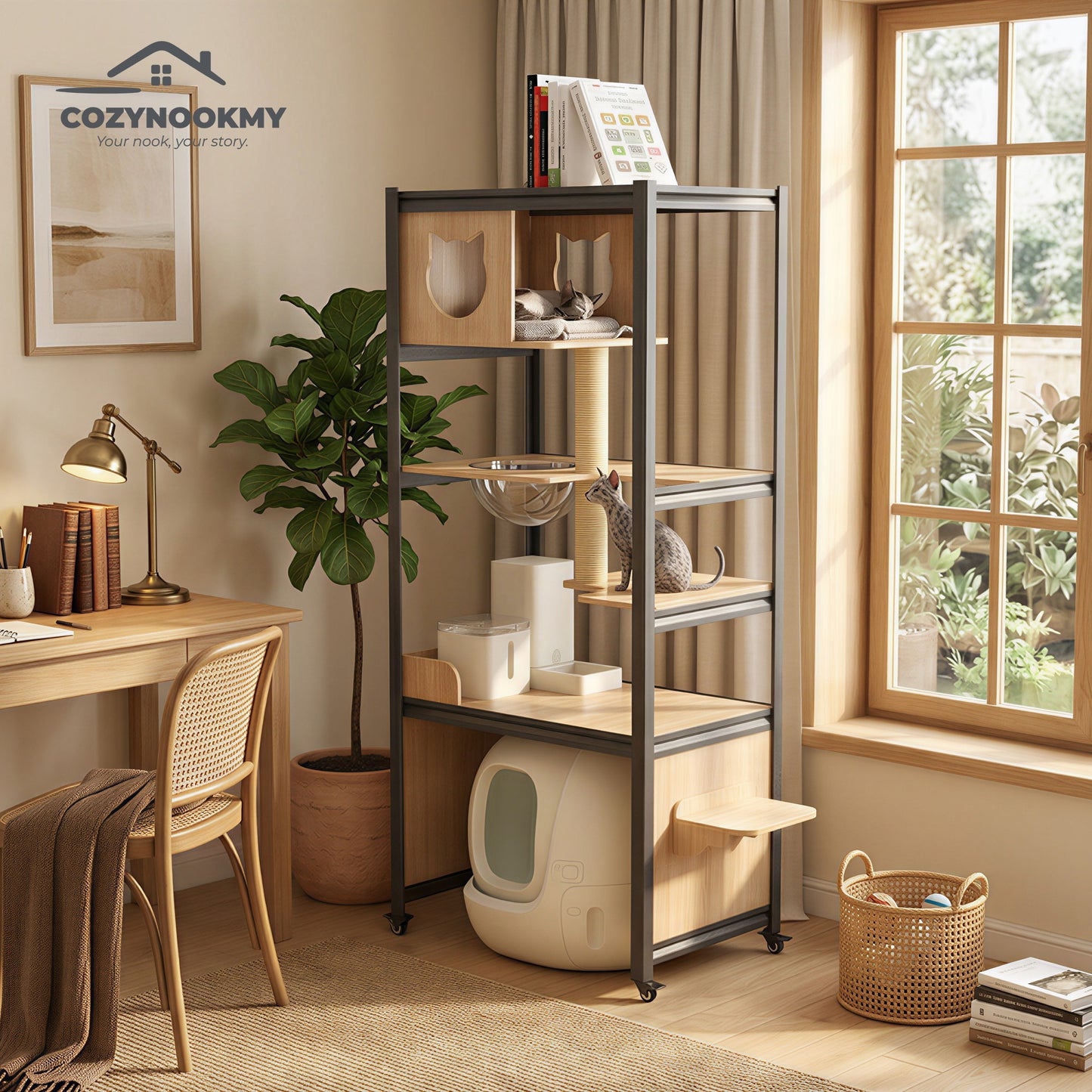All-in-One Cat Activity Tower with Auto Litter Box Space - side angle view showing dimensions