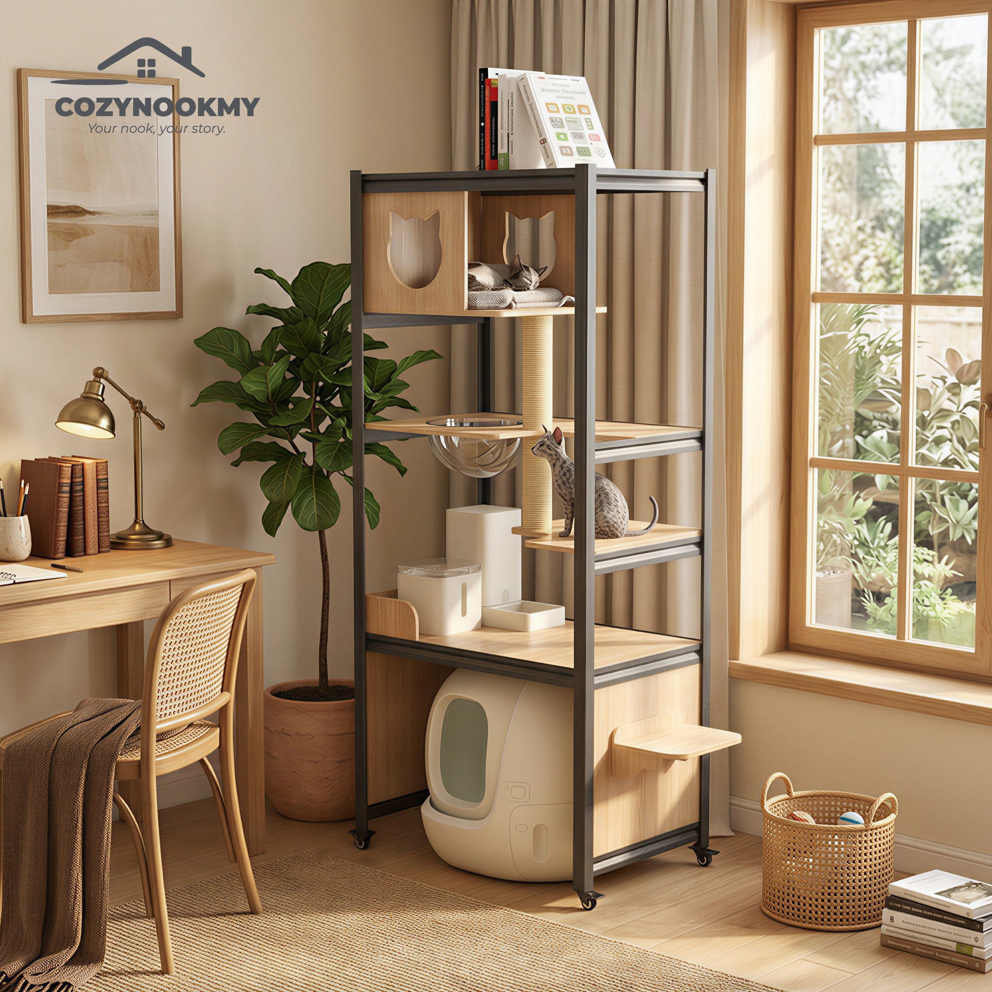All-in-One Cat Activity Tower with Auto Litter Box Space - side angle view showing dimensions