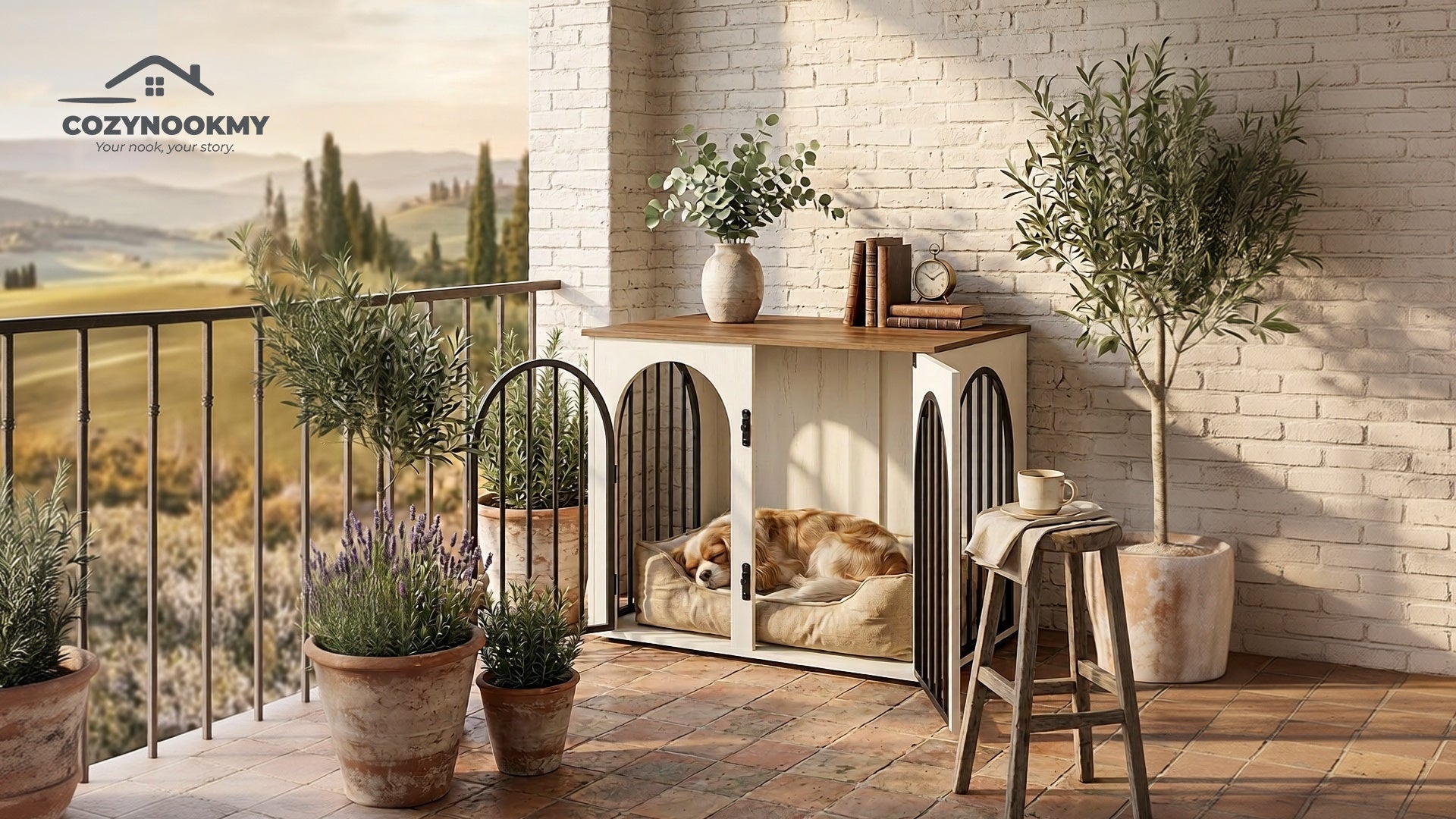 Arched-Door Wooden Pet Crate Cabinet with MDF Top - product dimensions and size reference