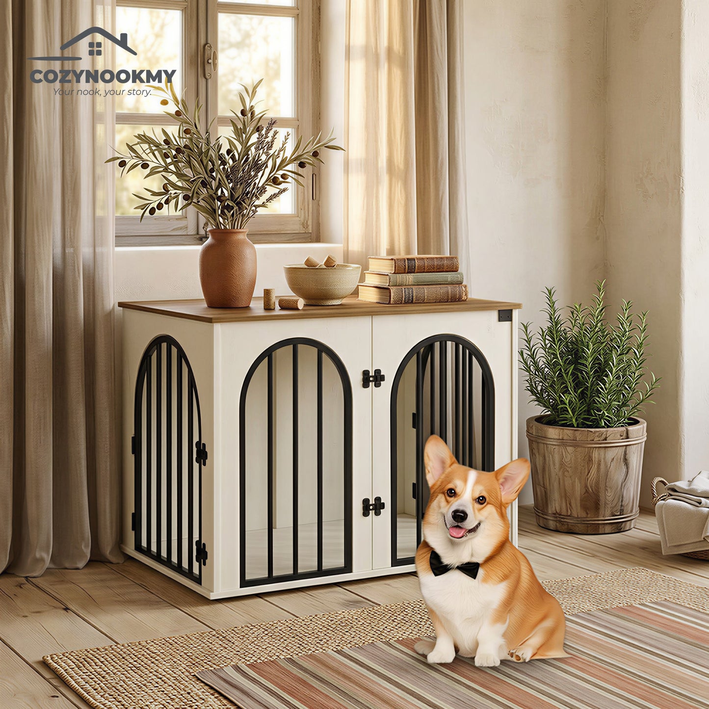 Arched-Door Wooden Pet Crate Cabinet with MDF Top - alternative color or style variant