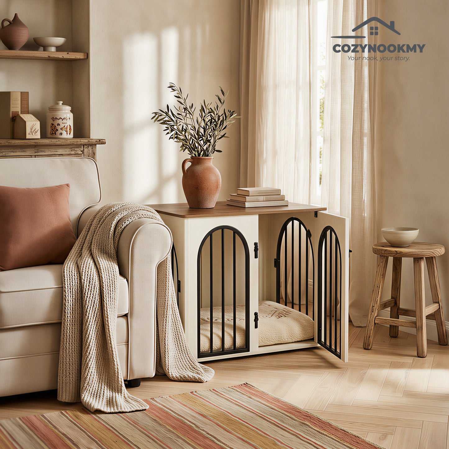 Arched-Door Wooden Pet Crate Cabinet with MDF Top - detail close-up of material texture