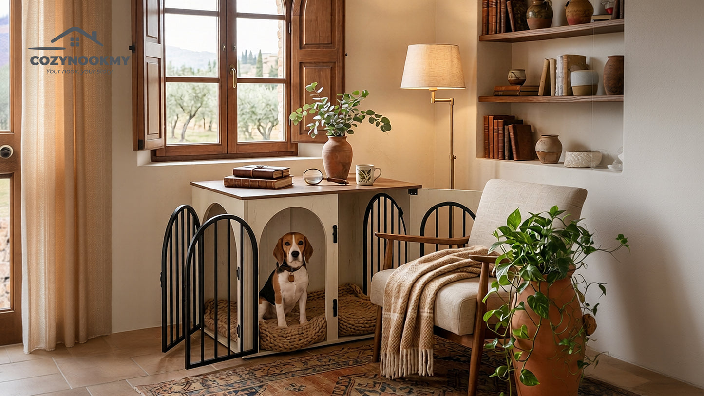 Arched-Door Wooden Pet Crate Cabinet with MDF Top - lifestyle scene in modern living room