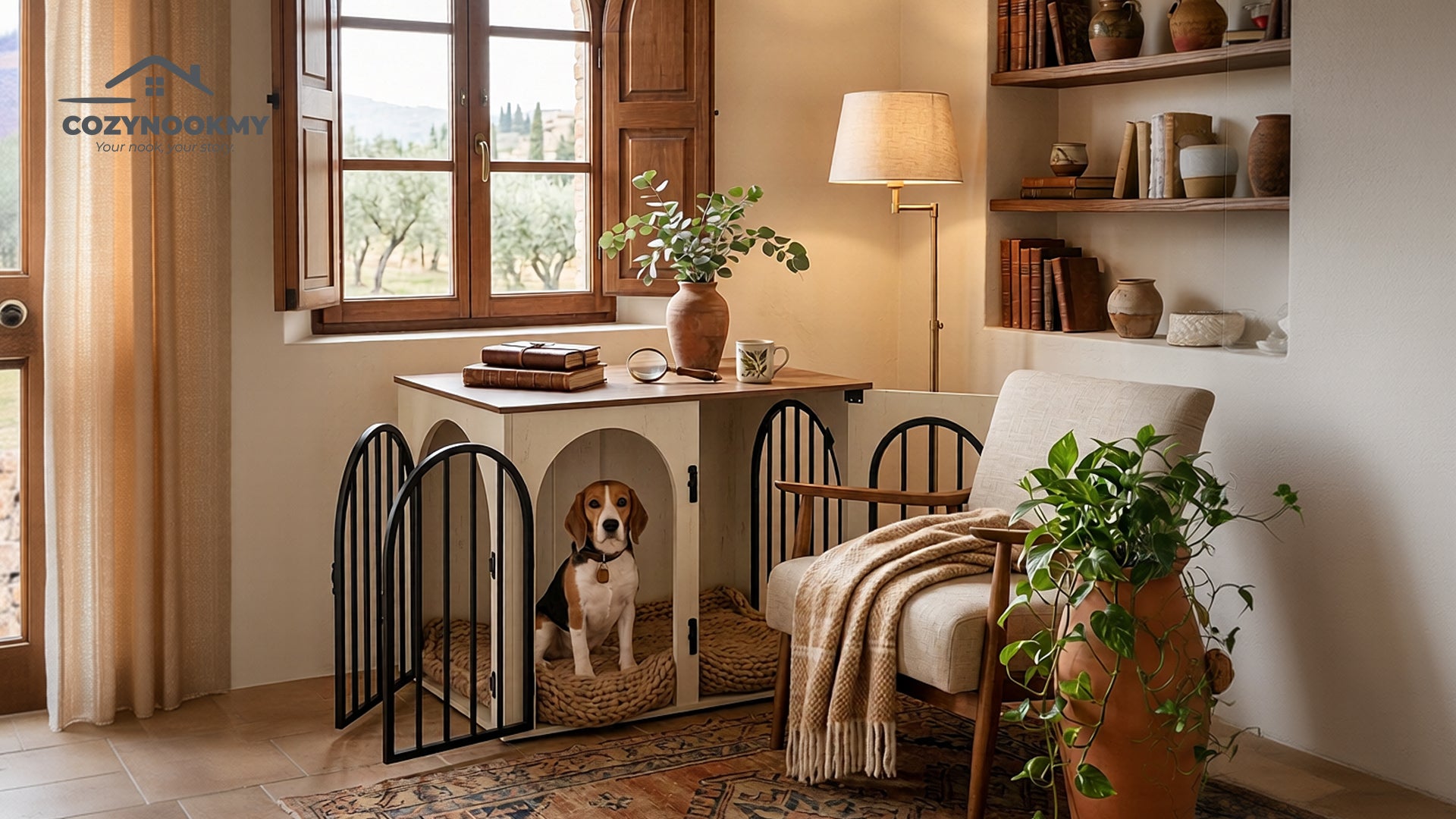Arched-Door Wooden Pet Crate Cabinet with MDF Top - lifestyle scene in modern living room