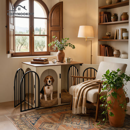 Arched-Door Wooden Pet Crate Cabinet with MDF Top - side angle view showing dimensions