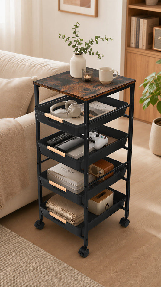 Black 4-tier rolling storage trolley in living room with books and gaming accessories