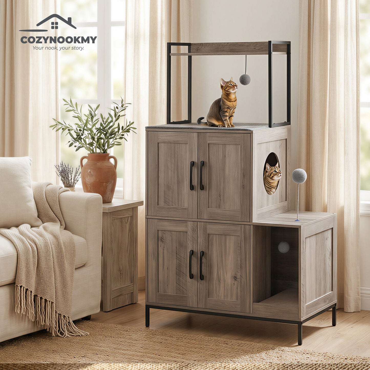 Multi-Level Cat Condo Tower with Play Area and Storage - lifestyle scene in modern living room