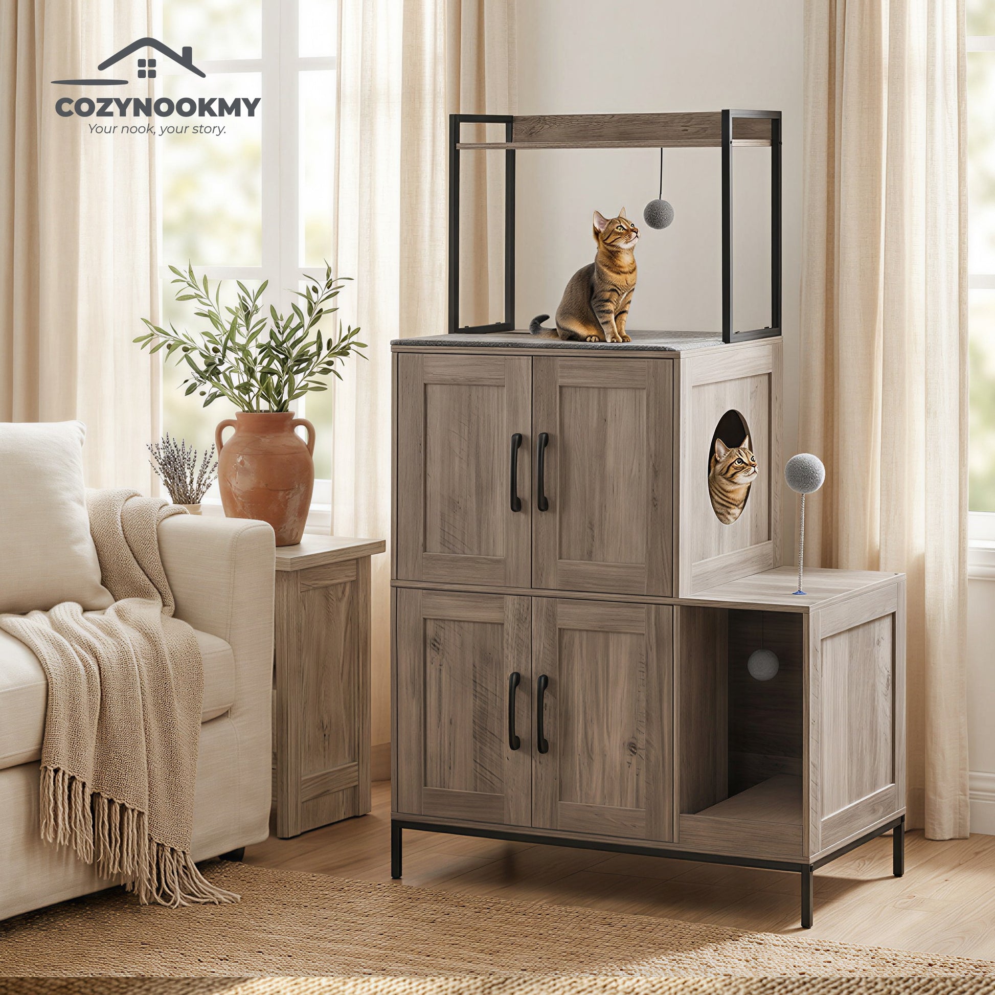 Multi-Level Cat Condo Tower with Play Area and Storage - lifestyle scene in modern living room