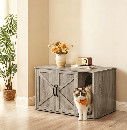 Farmhouse-Style Cat Litter Box Cabinet with Barn Doors - product dimensions and size reference