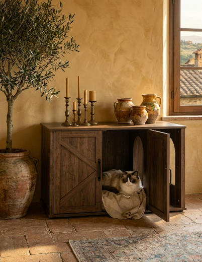 Farmhouse-Style Cat Litter Box Cabinet with Barn Doors - detail close-up of material texture