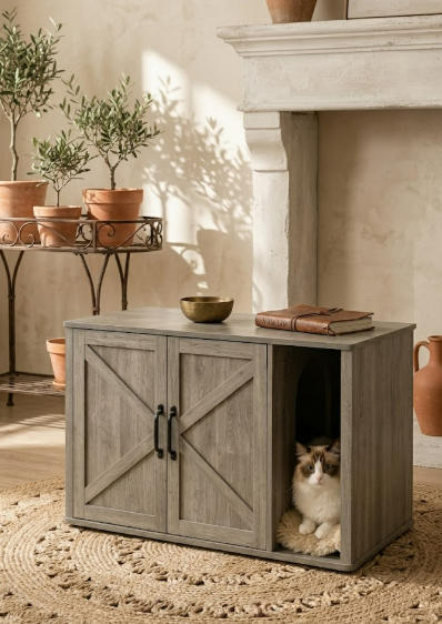 Farmhouse-Style Cat Litter Box Cabinet with Barn Doors - lifestyle scene in modern living room