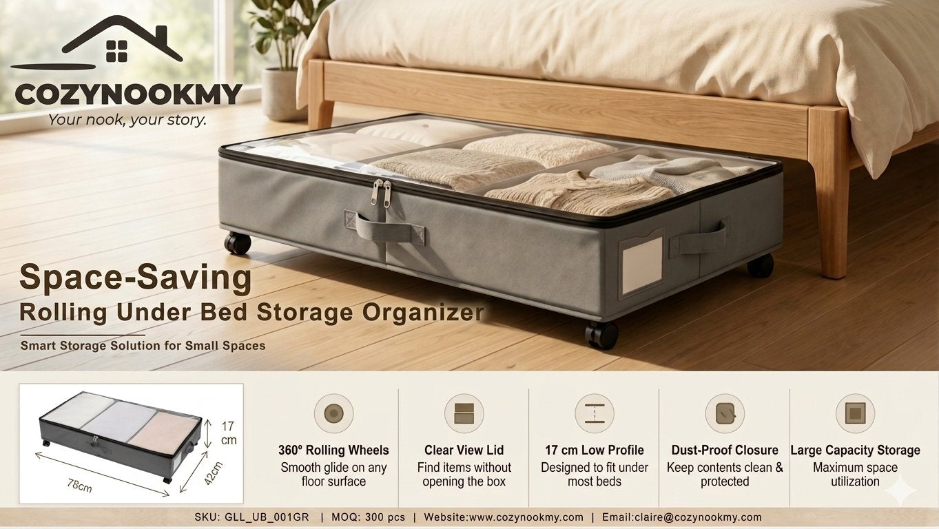 Rolling Under-Bed Storage Organizer 3-Compartment Wheeled Storage Bin