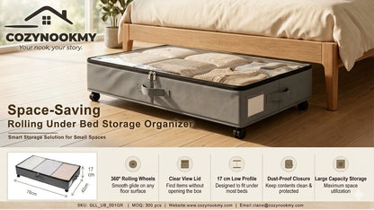 Rolling Under-Bed Storage Organizer 3-Compartment Wheeled Storage Bin