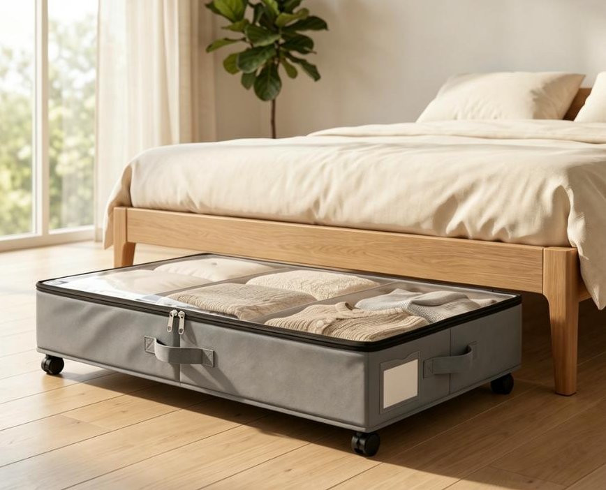 Rolling Under-Bed Storage Organizer 3-Compartment Wheeled Storage Bin
