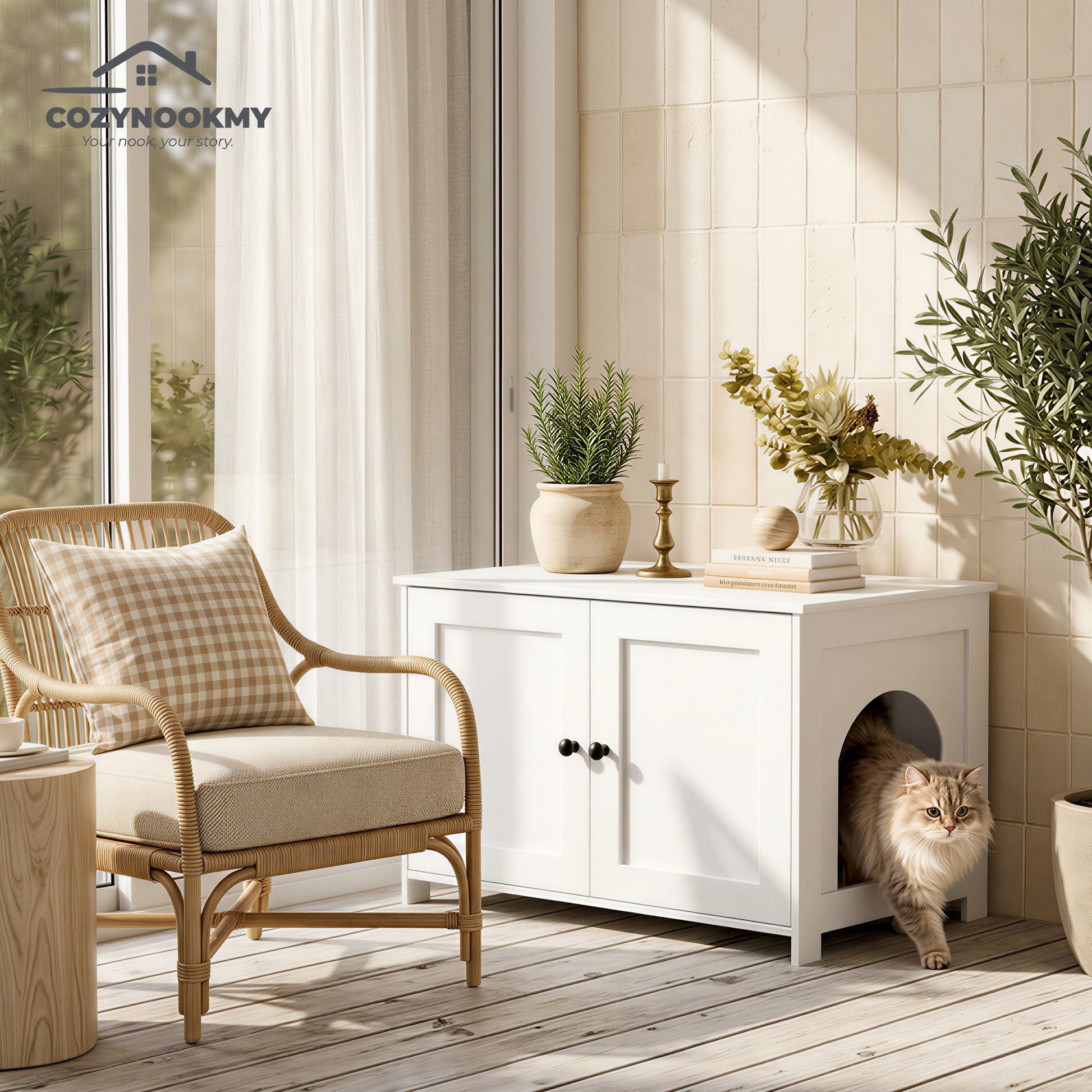 Hidden Cat Litter Box Cabinet with Side Entry - assembly or packaging display