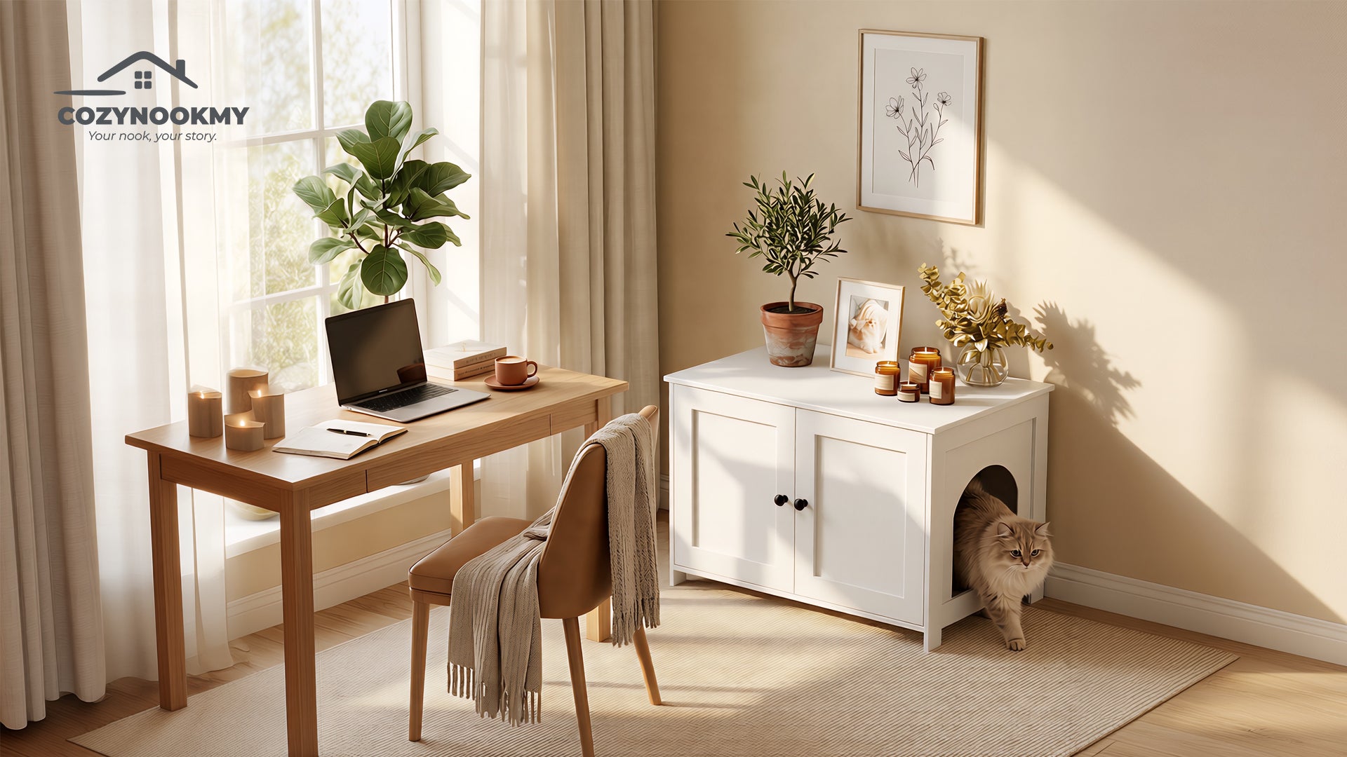 Hidden Cat Litter Box Cabinet with Side Entry - lifestyle scene in modern living room