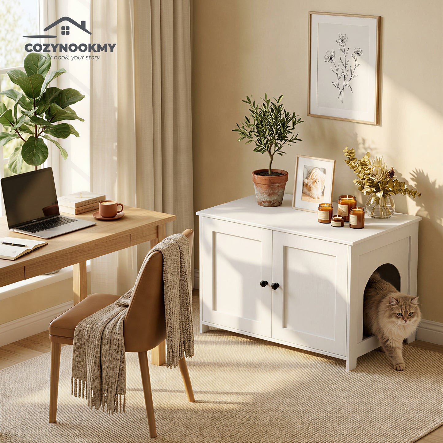 Hidden Cat Litter Box Cabinet with Side Entry - side angle view showing dimensions