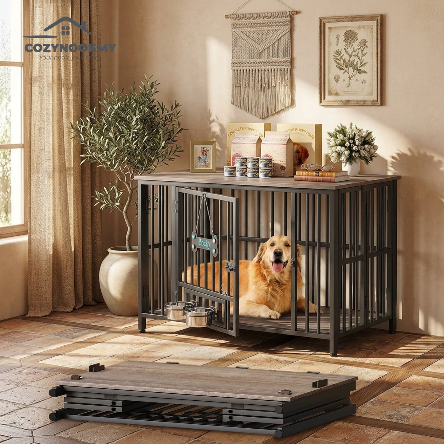 Industrial Metal-Frame Pet Crate with Feeding Bowls - alternative color or style variant