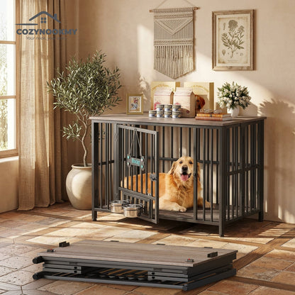Industrial Metal-Frame Pet Crate with Feeding Bowls - alternative color or style variant