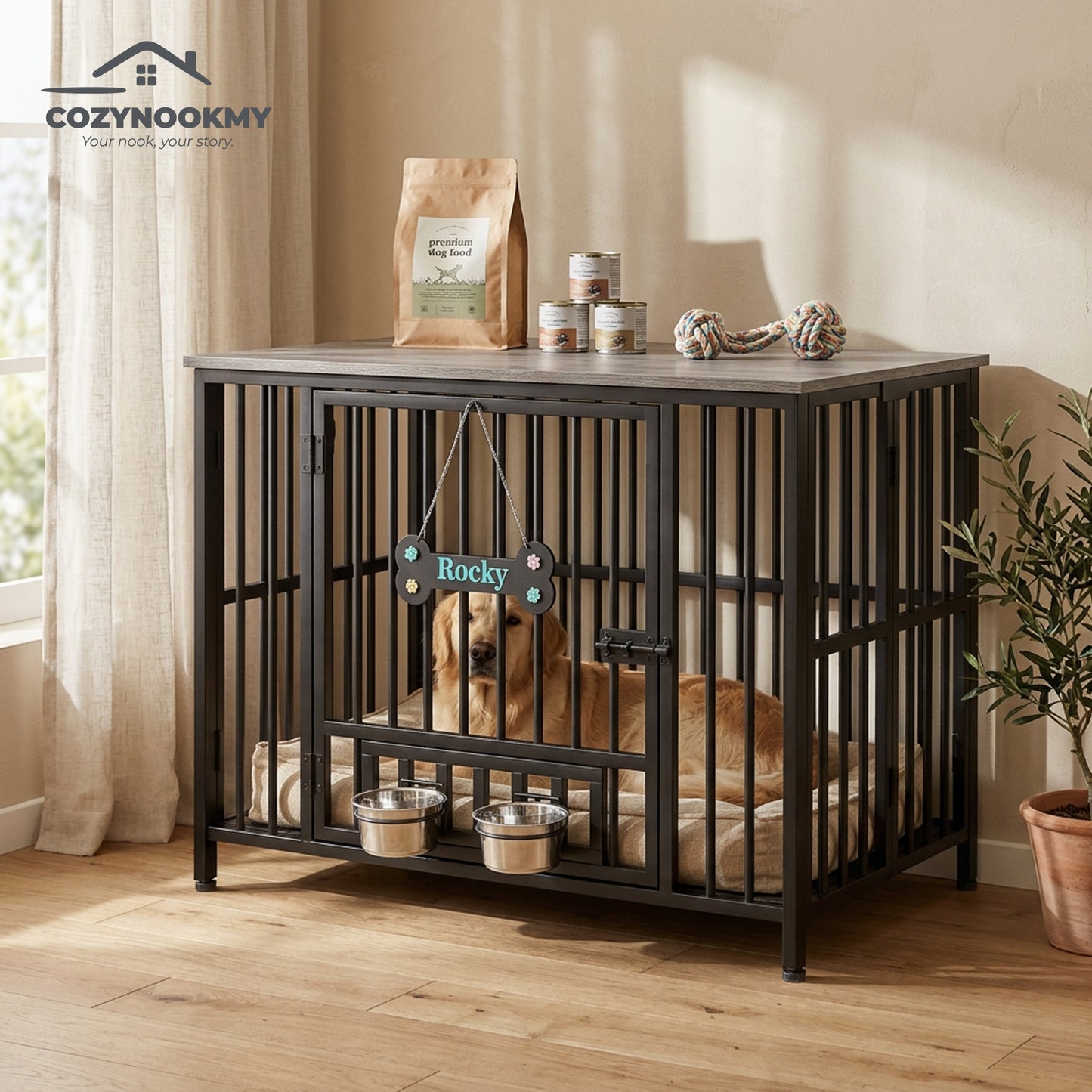 Industrial Metal-Frame Pet Crate with Feeding Bowls - interior organization use case