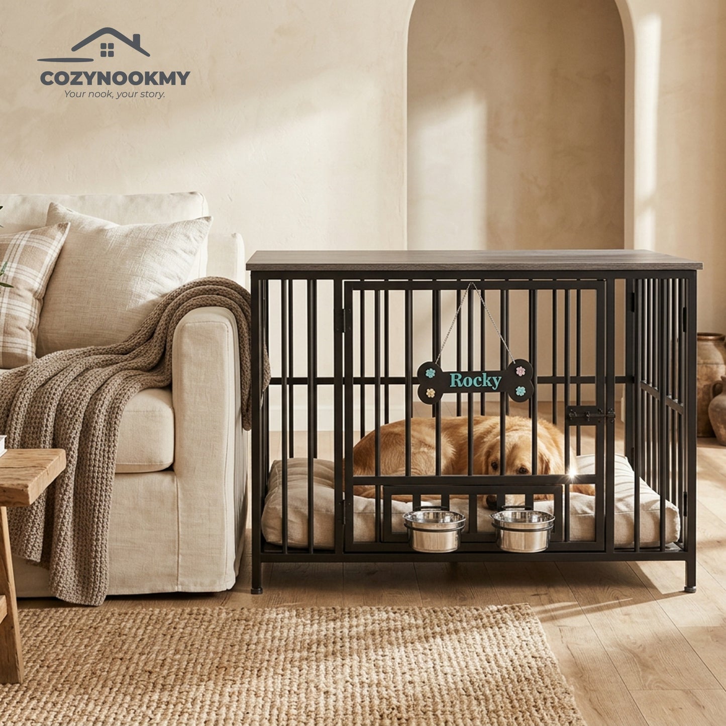Industrial Metal-Frame Pet Crate with Feeding Bowls - lifestyle scene in modern living room