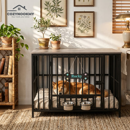 Industrial Metal-Frame Pet Crate with Feeding Bowls - side angle view showing dimensions