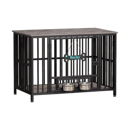 Industrial Metal-Frame Pet Crate with Feeding Bowls - main product front view