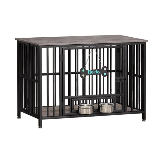 Industrial Metal-Frame Pet Crate with Feeding Bowls - main product front view