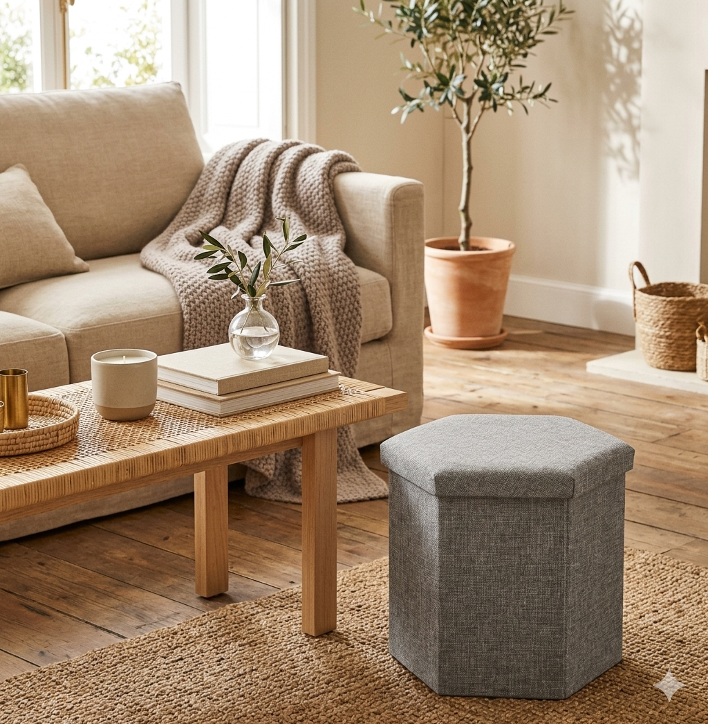 Beige linen hexagon ottoman render showing Japandi interior styling