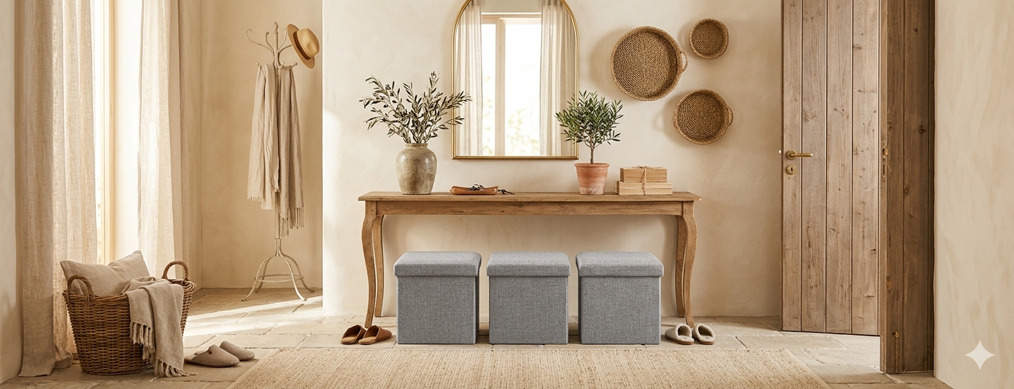 Linen-look square ottoman grey in modern minimalist room setting