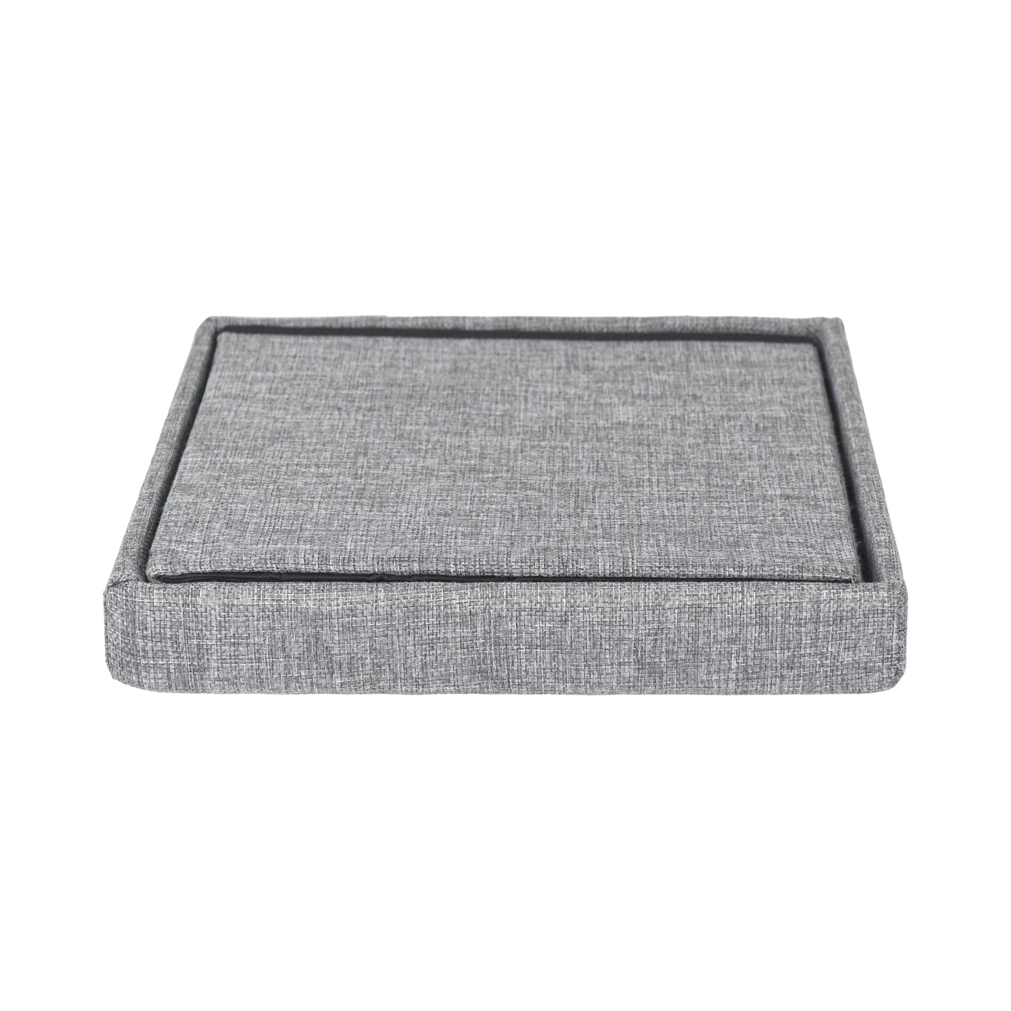 Grey linen square ottoman showing folded storage position