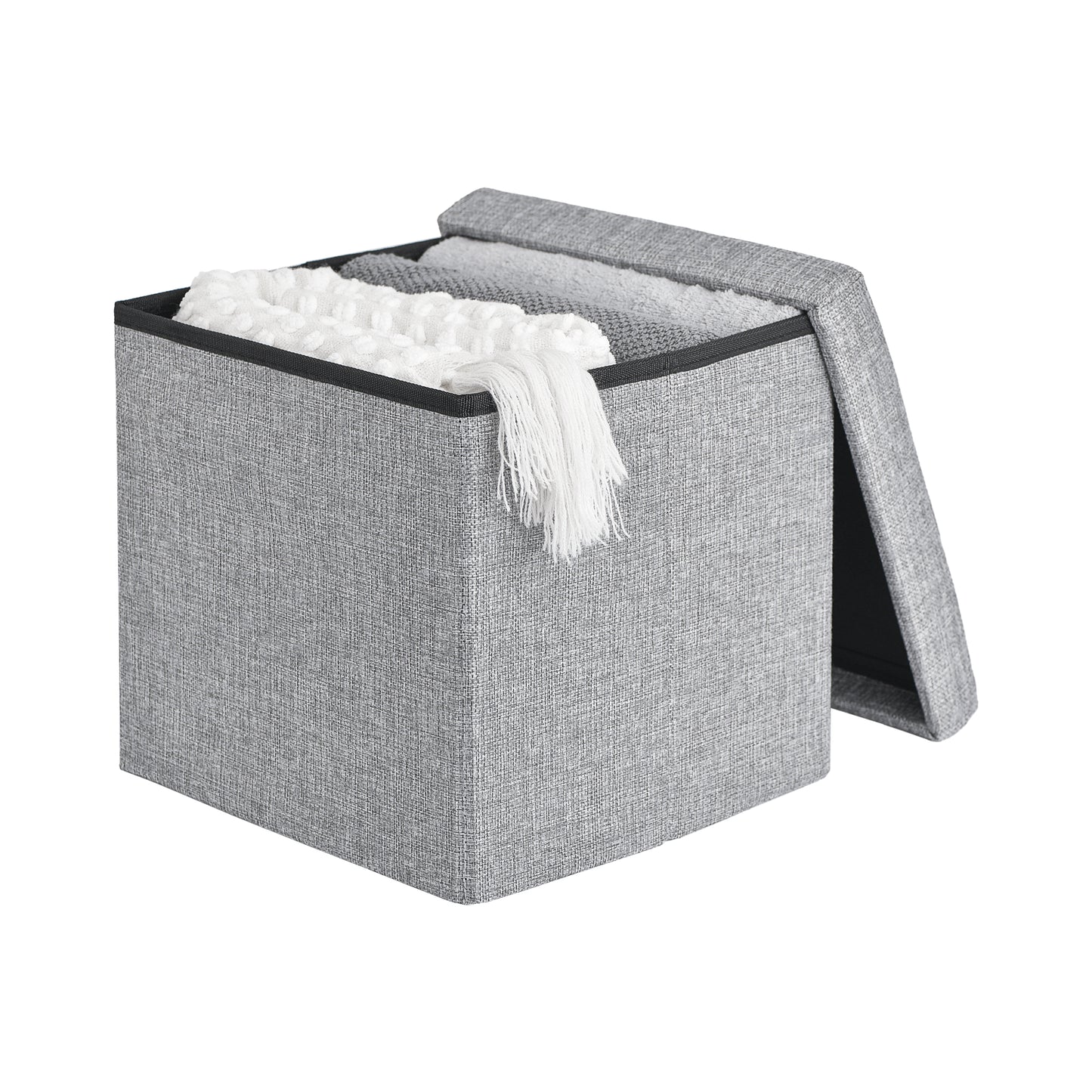 Square ottoman with open lid showing internal storage space
