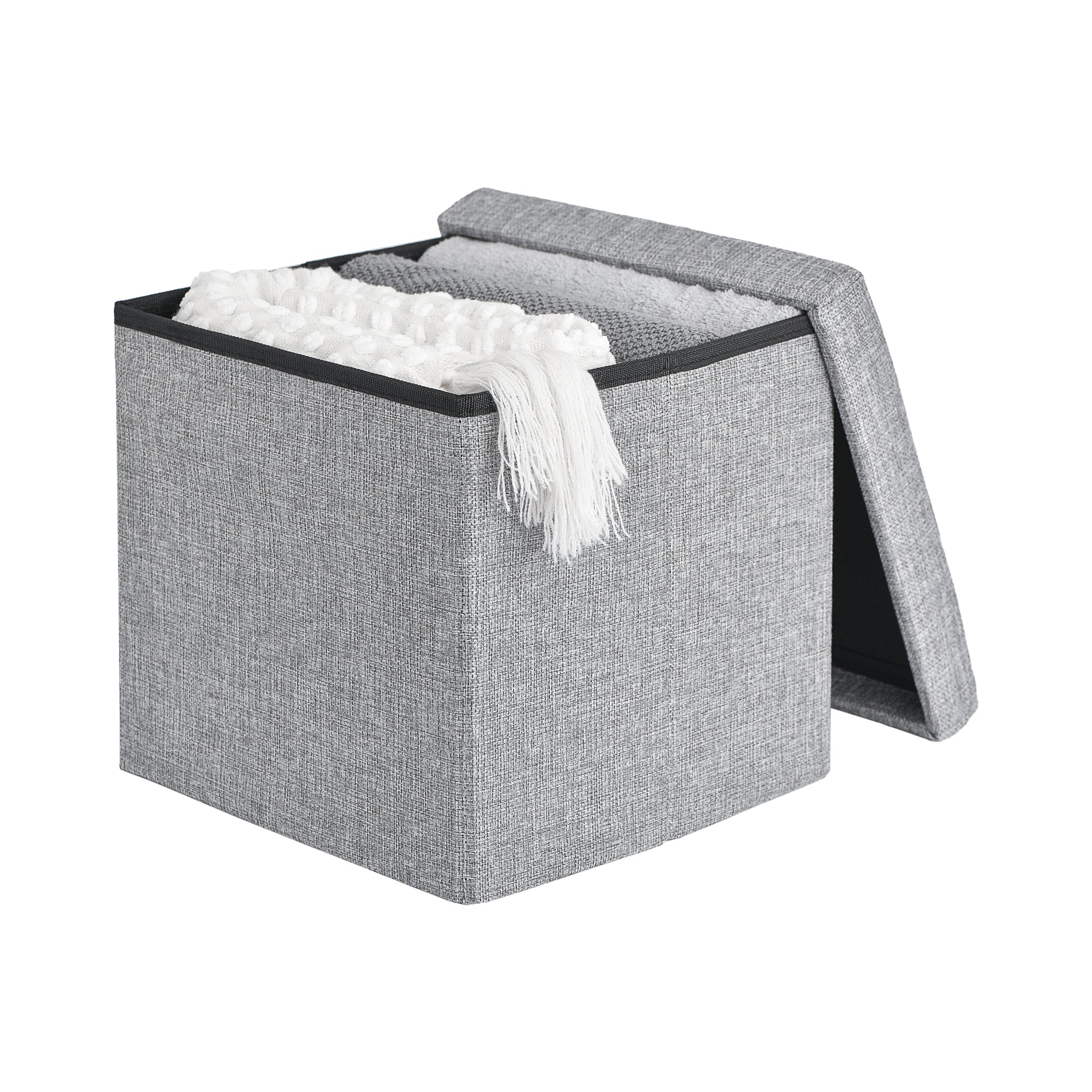 Square ottoman with open lid showing internal storage space