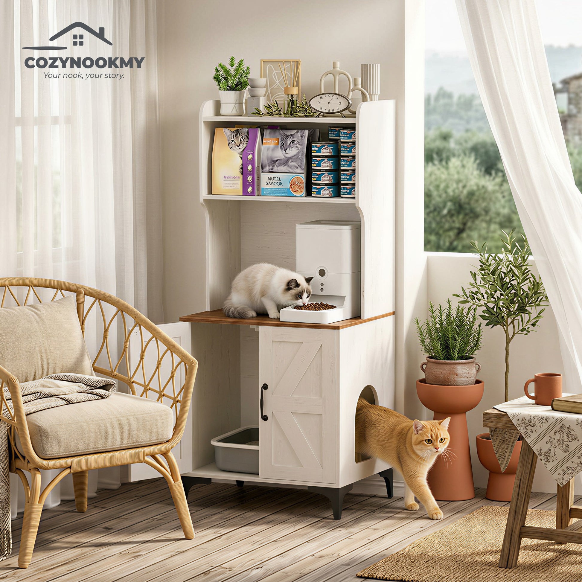 Cat Litter Box Cabinet with Upper Storage Shelf and Cat Bed - product dimensions and size reference