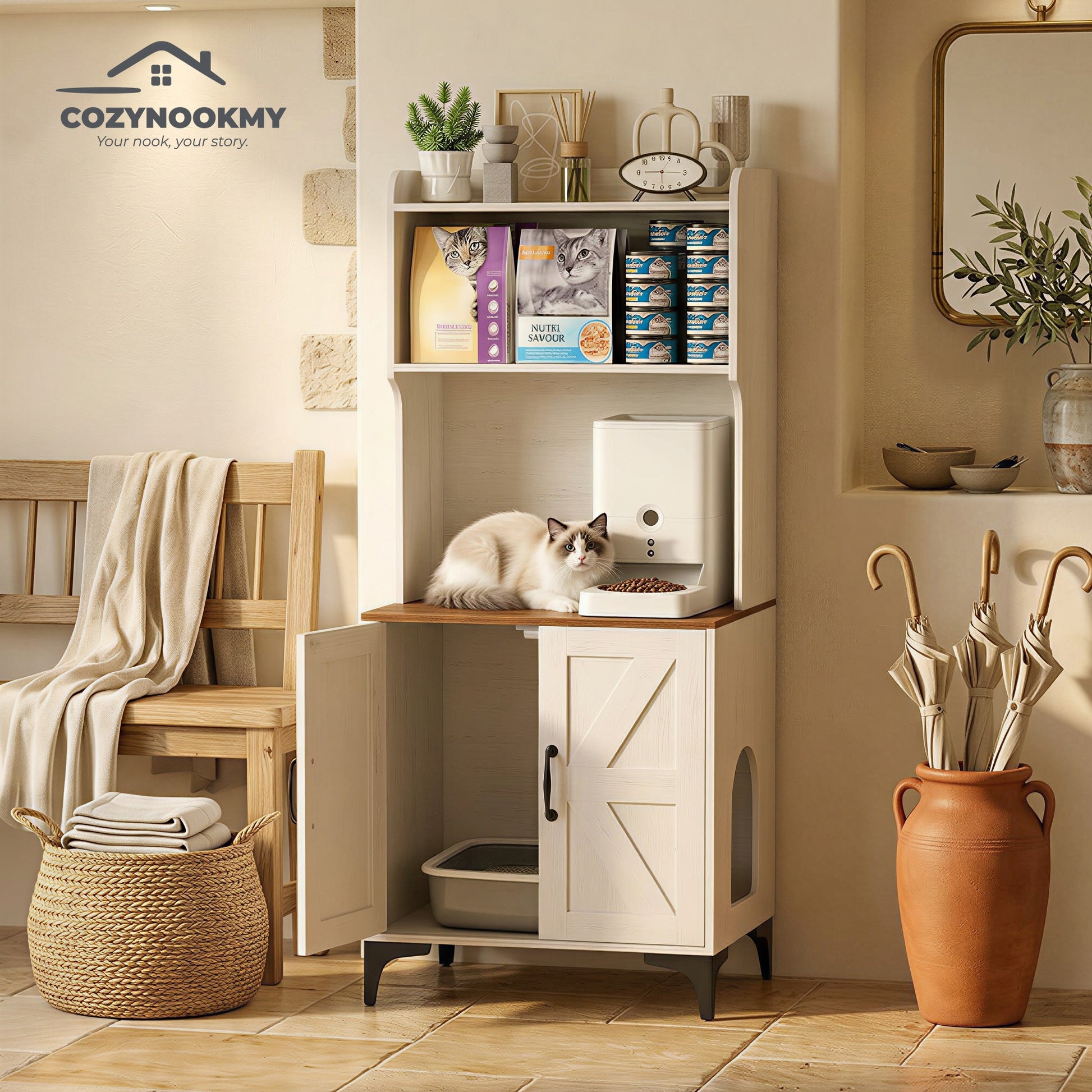 Cat Litter Box Cabinet with Upper Storage Shelf and Cat Bed - alternative color or style variant