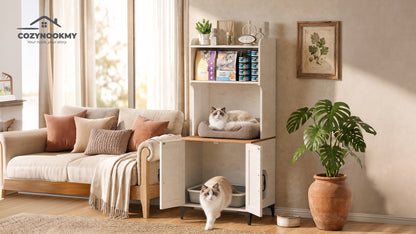 Cat Litter Box Cabinet with Upper Storage Shelf and Cat Bed - interior organization use case
