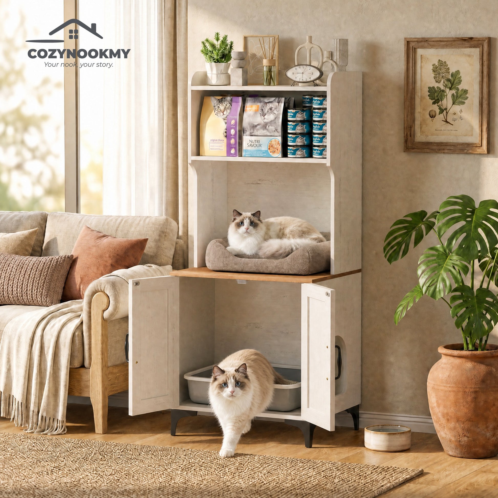 Cat Litter Box Cabinet with Upper Storage Shelf and Cat Bed - detail close-up of material texture
