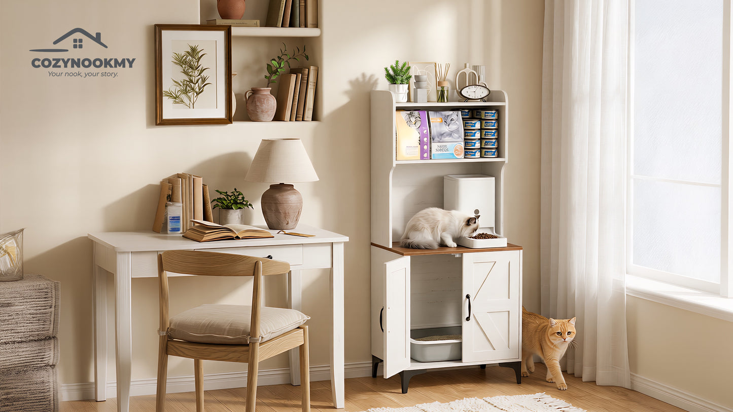 Cat Litter Box Cabinet with Upper Storage Shelf and Cat Bed - lifestyle scene in modern living room