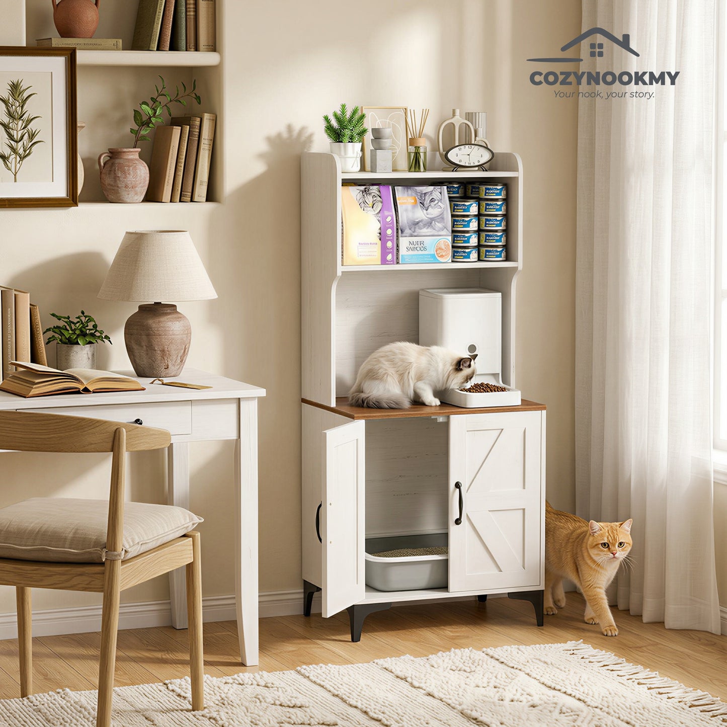 Cat Litter Box Cabinet with Upper Storage Shelf and Cat Bed - side angle view showing dimensions