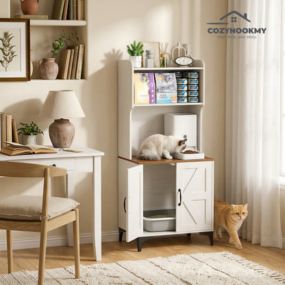 Cat Litter Box Cabinet with Upper Storage Shelf and Cat Bed - side angle view showing dimensions