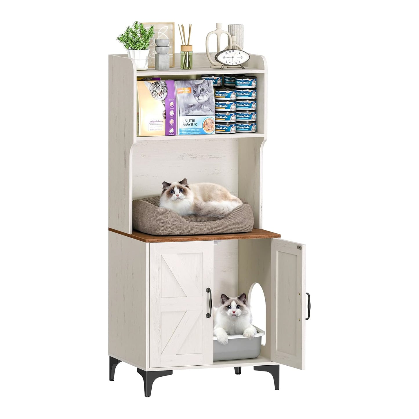 Cat Litter Box Cabinet with Upper Storage Shelf and Cat Bed - main product front view
