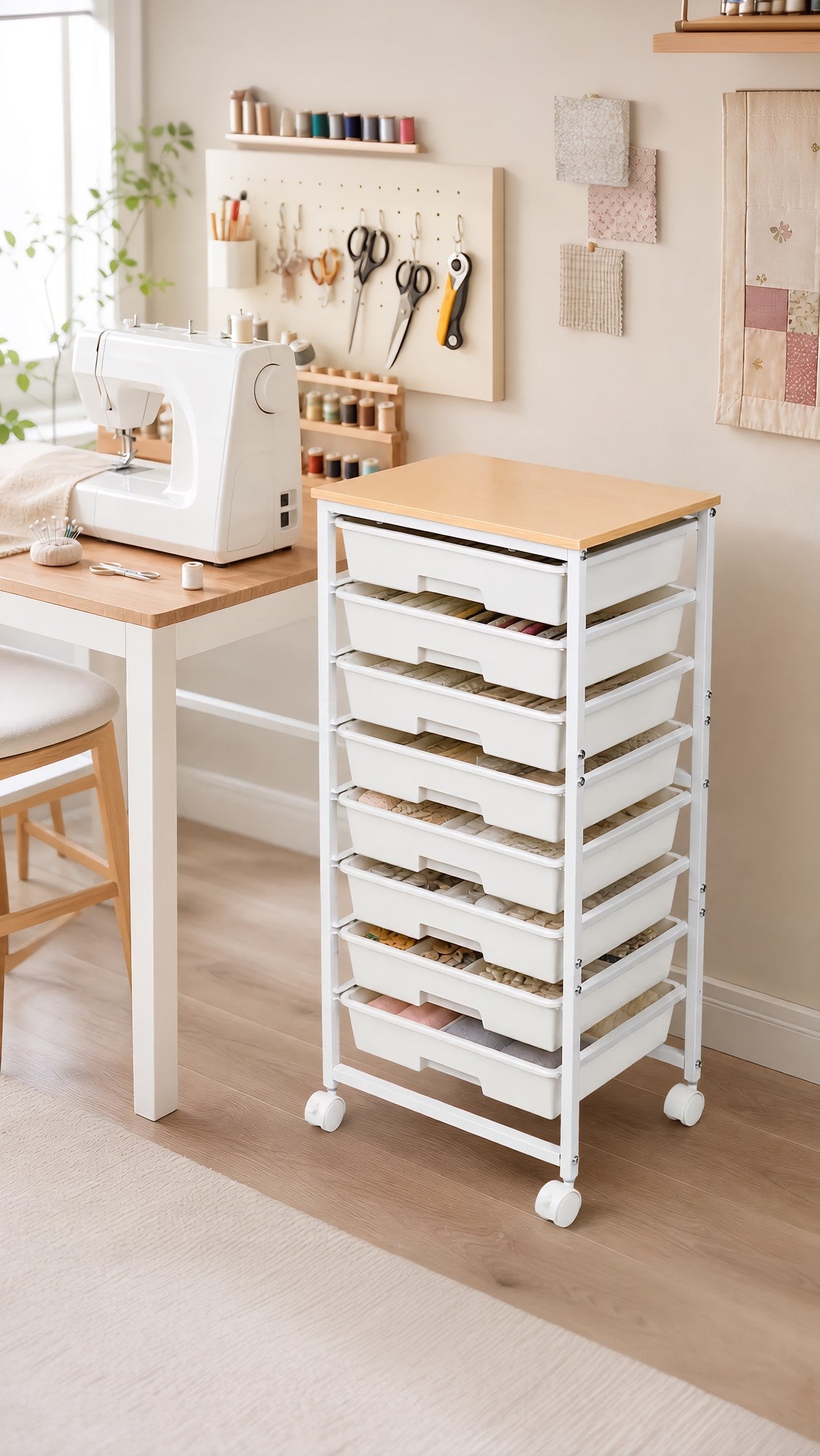 8-tier narrow gap rolling storage trolley white in craft and sewing room