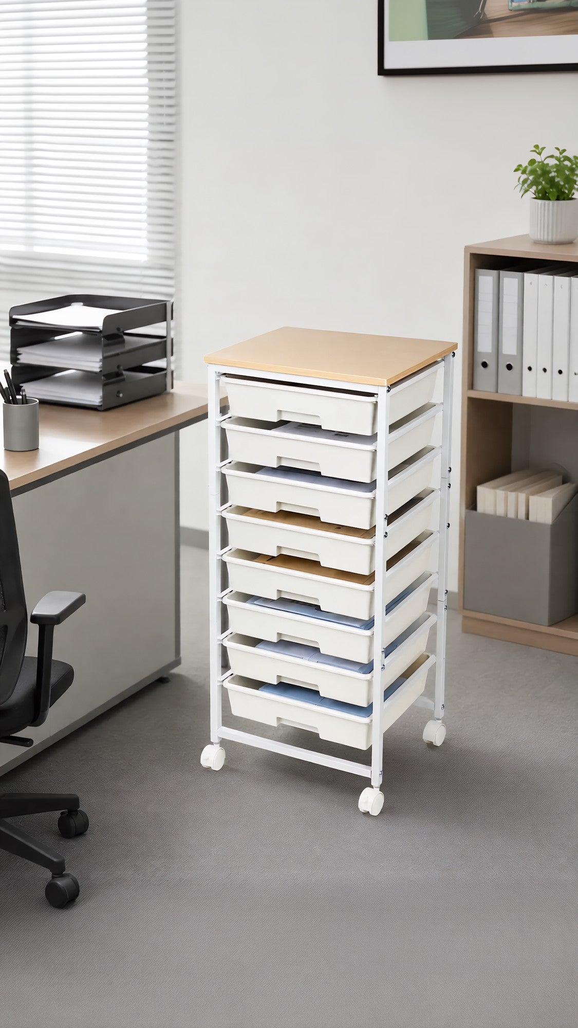 Narrow 8-drawer rolling trolley white used as office storage organizer