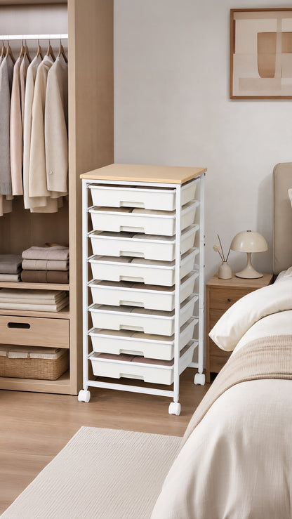 White 8-drawer narrow rolling storage trolley placed in bedroom closet