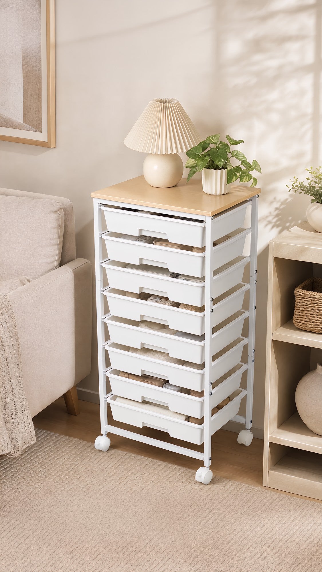 Narrow gap 8-drawer rolling storage trolley white in modern living room