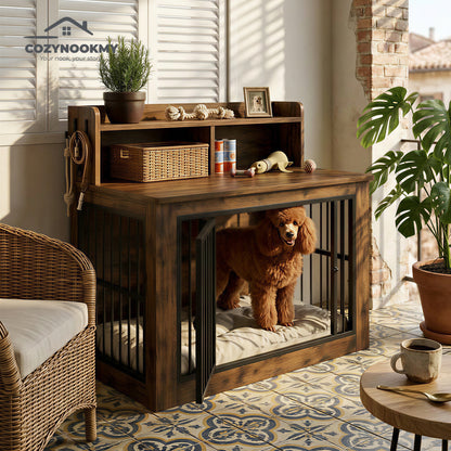 Pet Crate Cabinet with Top Storage Shelf and Bookshelf - alternative color or style variant