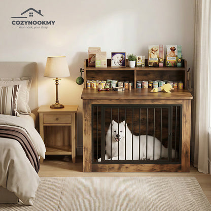 Pet Crate Cabinet with Top Storage Shelf and Bookshelf - interior organization use case