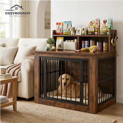 Pet Crate Cabinet with Top Storage Shelf and Bookshelf - detail close-up of material texture