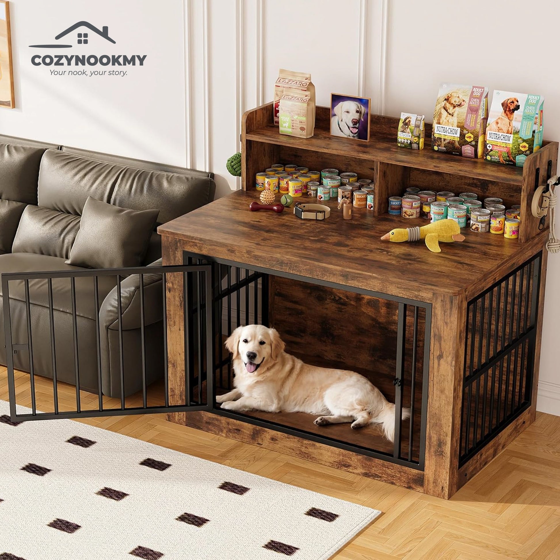 Pet Crate Cabinet with Top Storage Shelf and Bookshelf - lifestyle scene in modern living room
