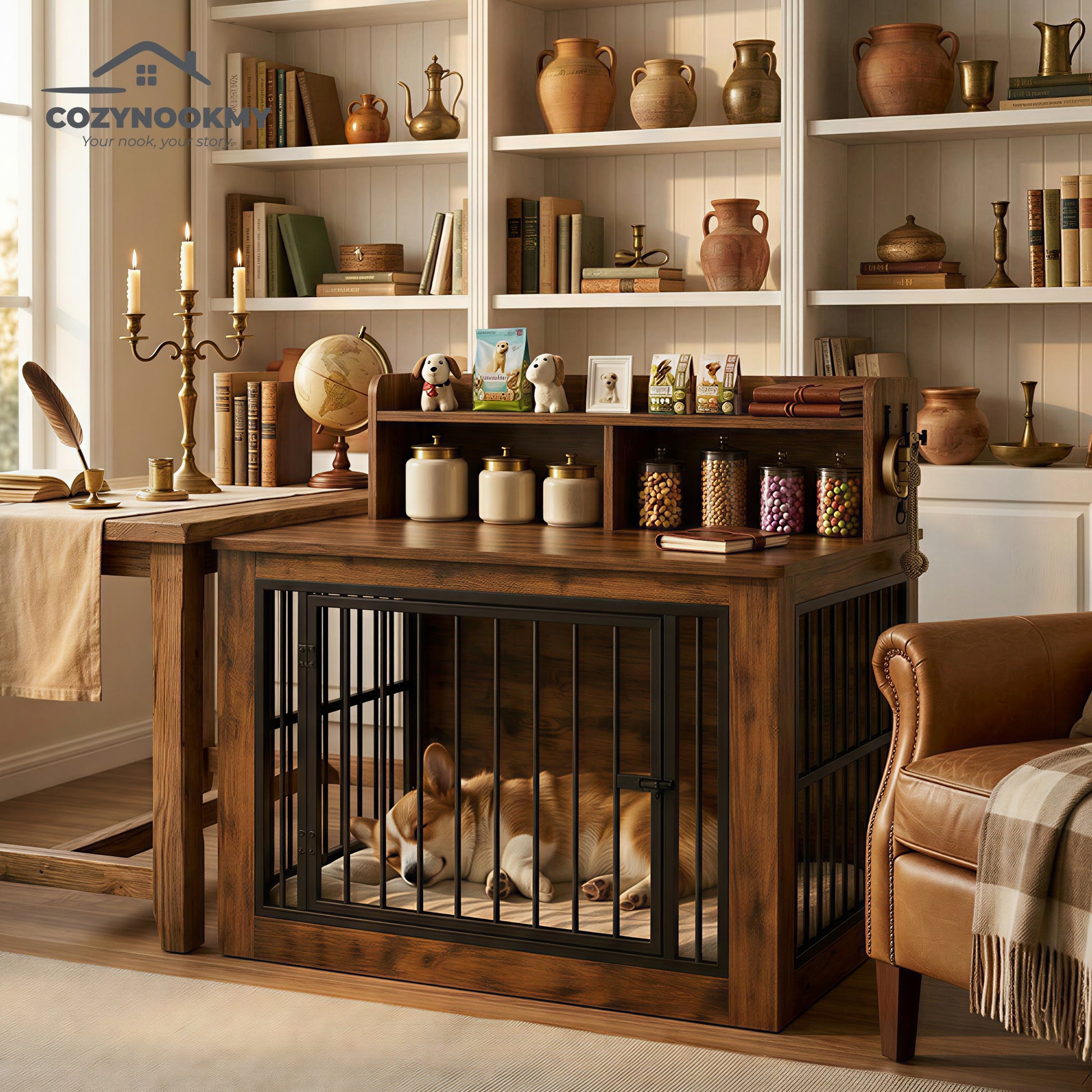 Pet Crate Cabinet with Top Storage Shelf and Bookshelf - side angle view showing dimensions