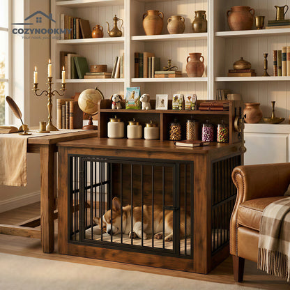 Pet Crate Cabinet with Top Storage Shelf and Bookshelf - side angle view showing dimensions